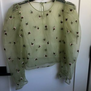 Cute sage green organza top with flower embroidery